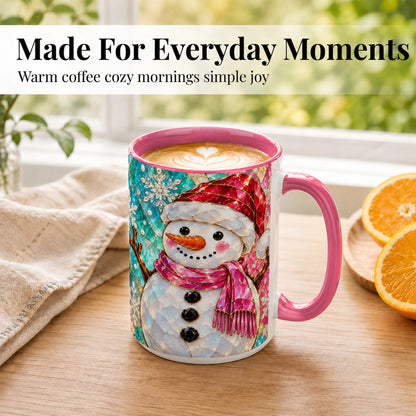#pl[15oz|Pink] Stained Glass Snowman Coffee Mug, Winter Holiday Mug, Ceramic Cup