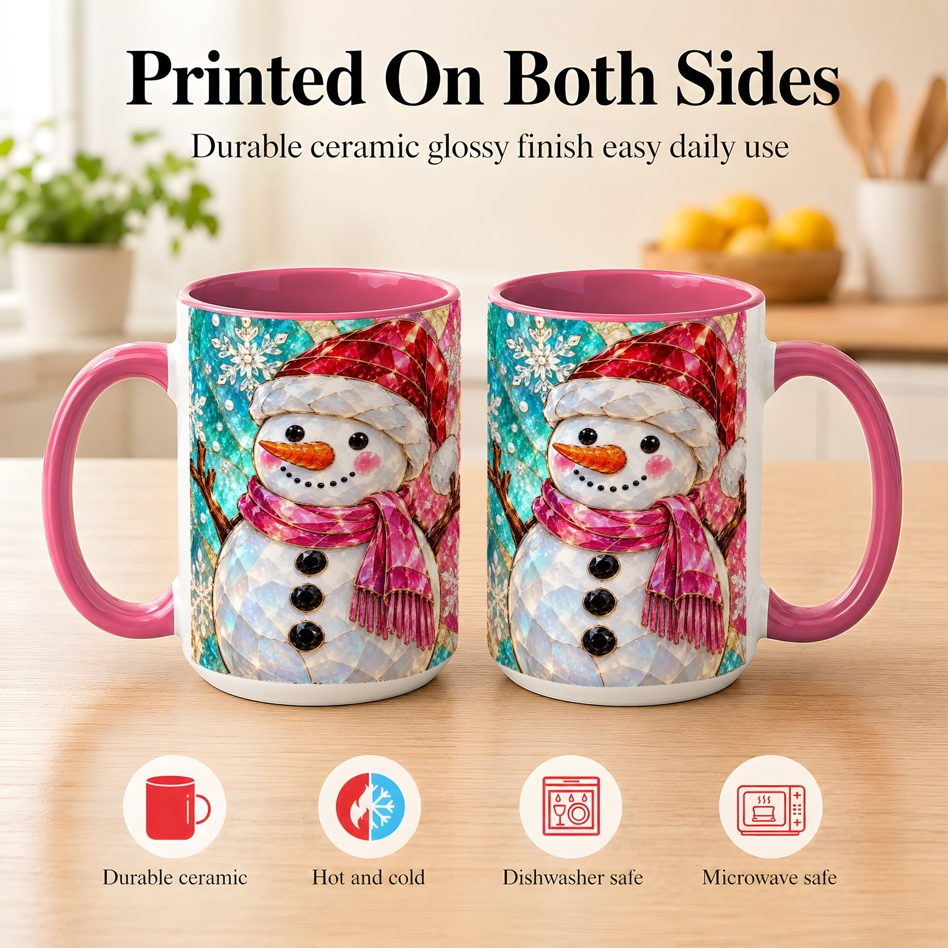 #pl[15oz|Pink] Stained Glass Snowman Coffee Mug, Winter Holiday Mug, Ceramic Cup