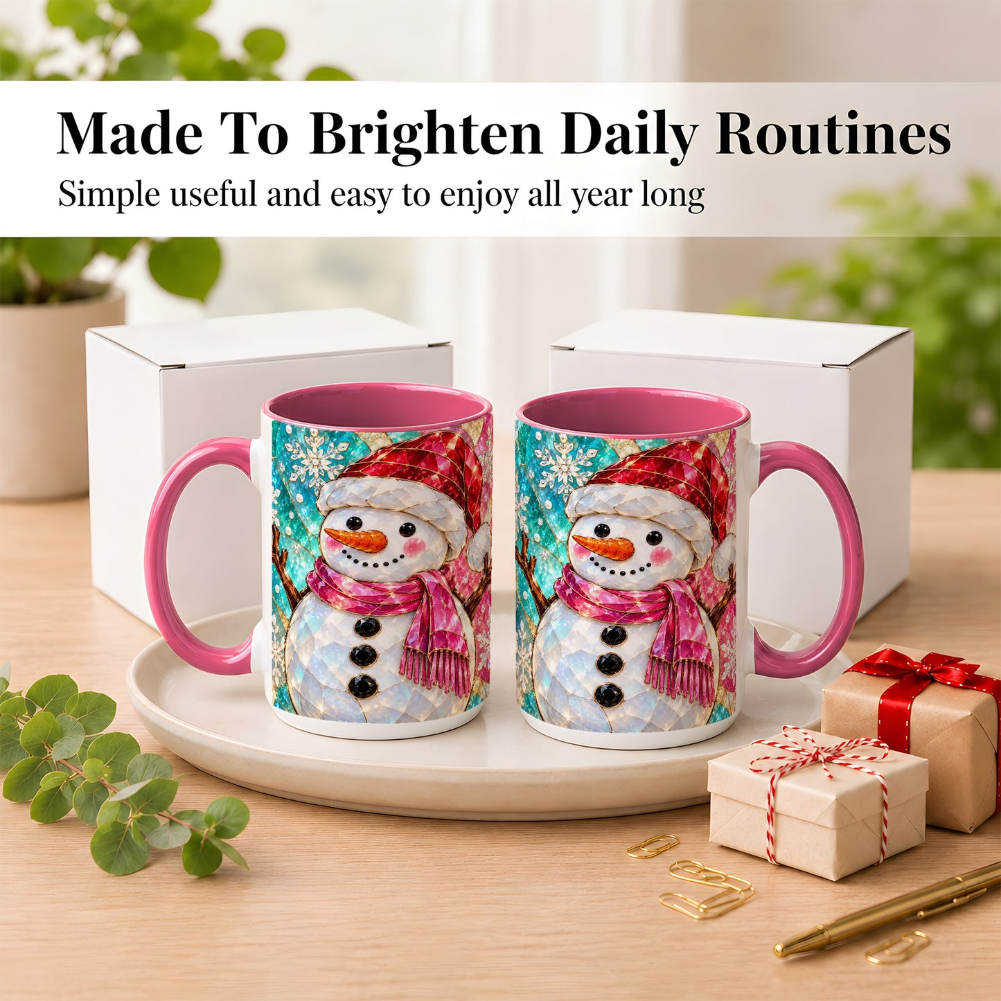 #pl[15oz|Pink] Stained Glass Snowman Coffee Mug, Winter Holiday Mug, Ceramic Cup