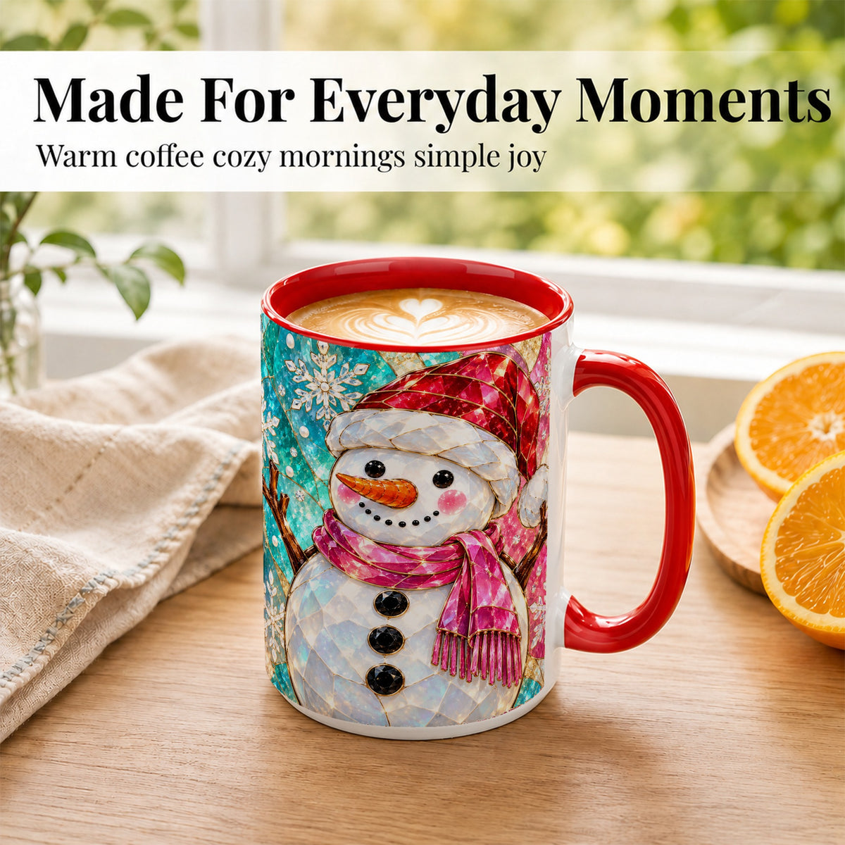 #pl[15oz|Red] Stained Glass Snowman Coffee Mug, Winter Holiday Mug, Ceramic Cup