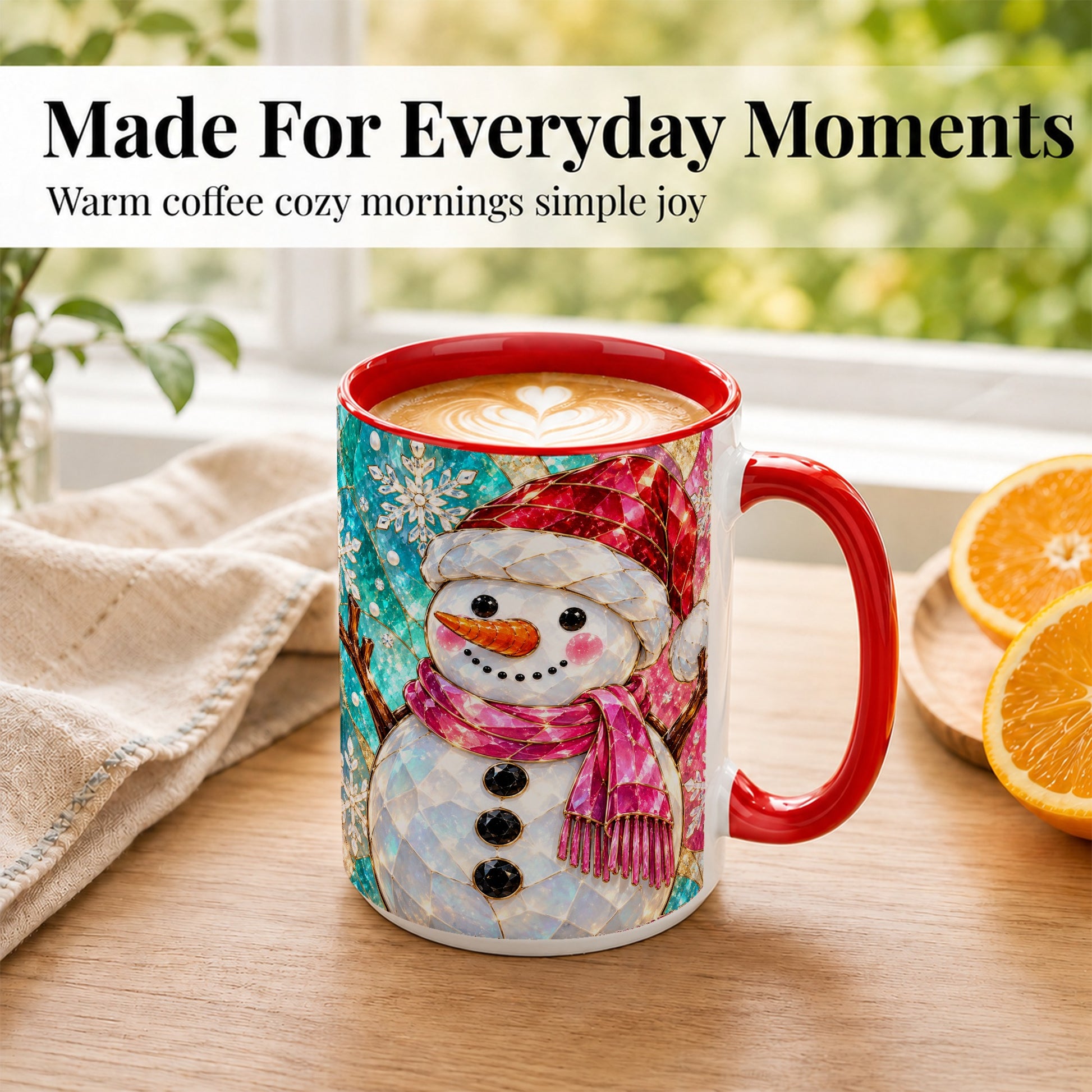 #pl[15oz|Red] Stained Glass Snowman Coffee Mug, Winter Holiday Mug, Ceramic Cup