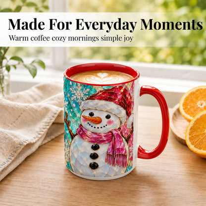 #pl[15oz|Red] Stained Glass Snowman Coffee Mug, Winter Holiday Mug, Ceramic Cup