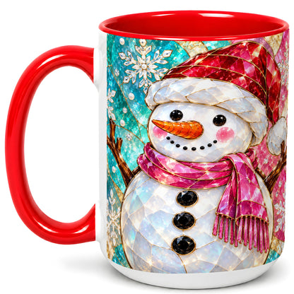 #pl[15oz|Red] Stained Glass Snowman Coffee Mug, Winter Holiday Mug, Ceramic Cup