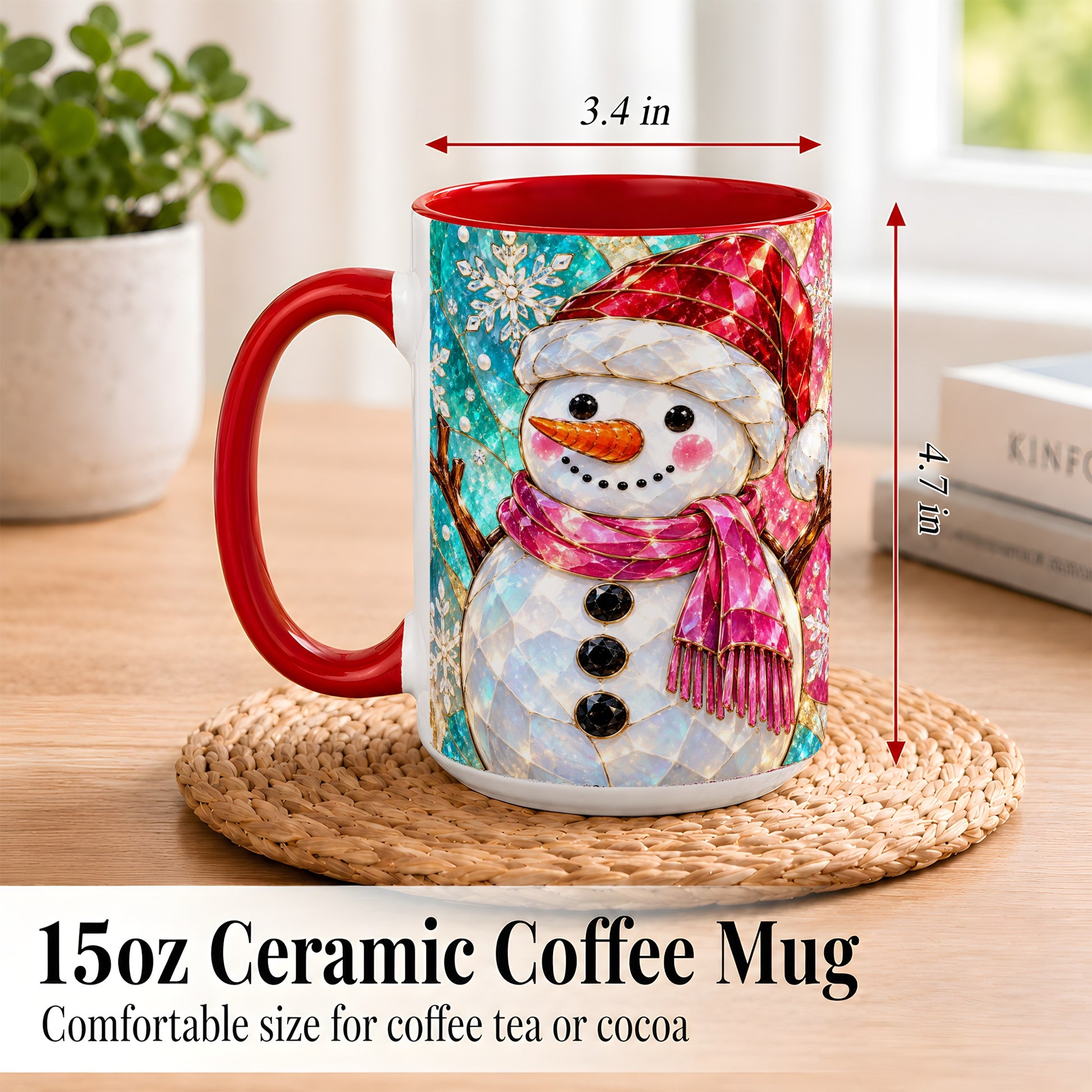 #pl[15oz|Red] Stained Glass Snowman Coffee Mug, Winter Holiday Mug, Ceramic Cup