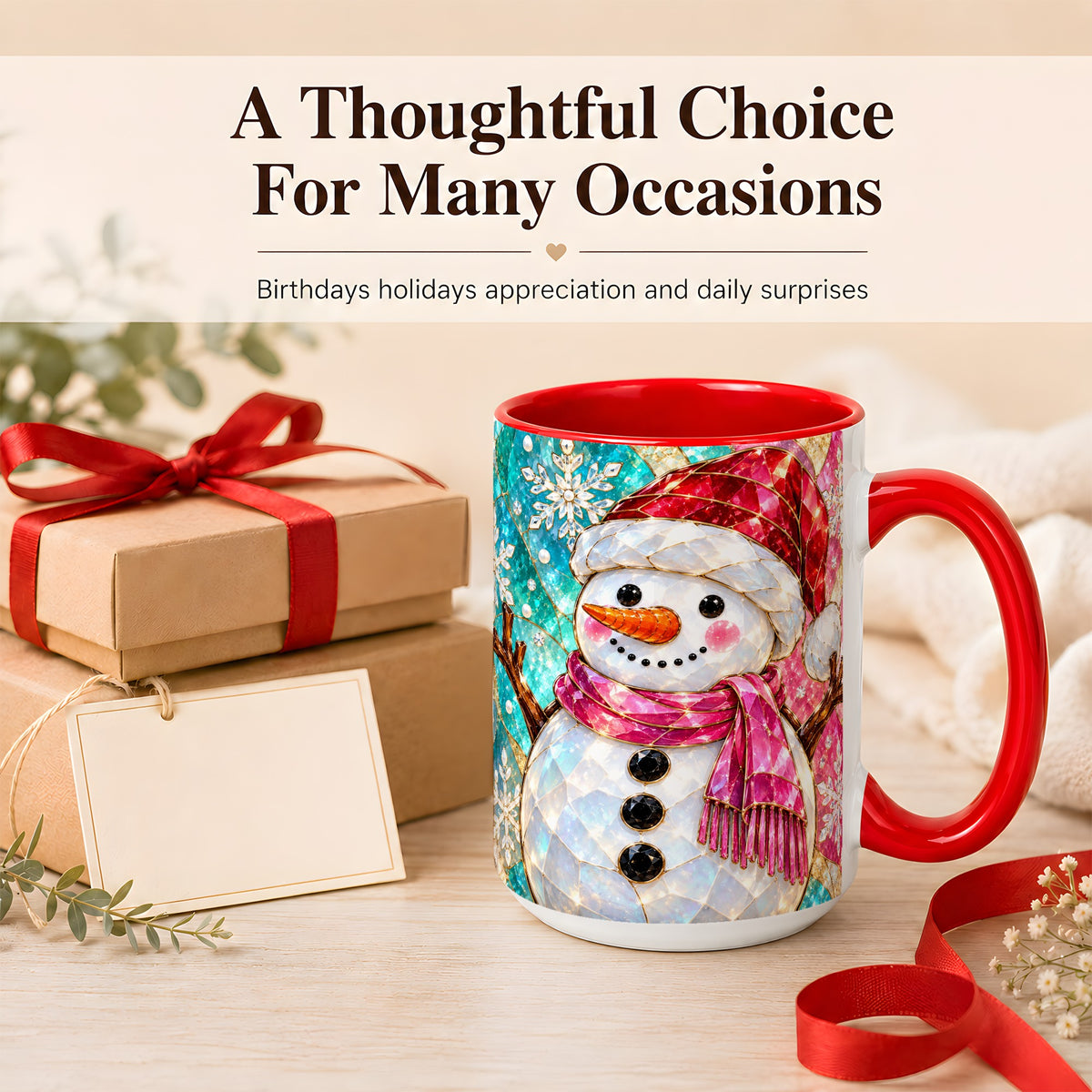 #pl[15oz|Red] Stained Glass Snowman Coffee Mug, Winter Holiday Mug, Ceramic Cup