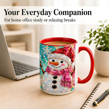 #pl[15oz|Red] Stained Glass Snowman Coffee Mug, Winter Holiday Mug, Ceramic Cup