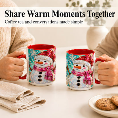 #pl[15oz|Red] Stained Glass Snowman Coffee Mug, Winter Holiday Mug, Ceramic Cup