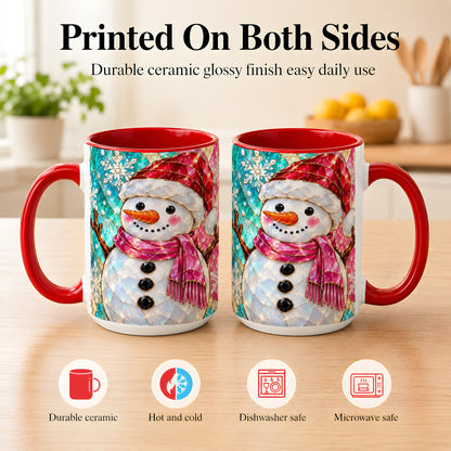 #pl[15oz|Red] Stained Glass Snowman Coffee Mug, Winter Holiday Mug, Ceramic Cup