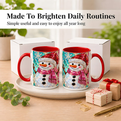 #pl[15oz|Red] Stained Glass Snowman Coffee Mug, Winter Holiday Mug, Ceramic Cup
