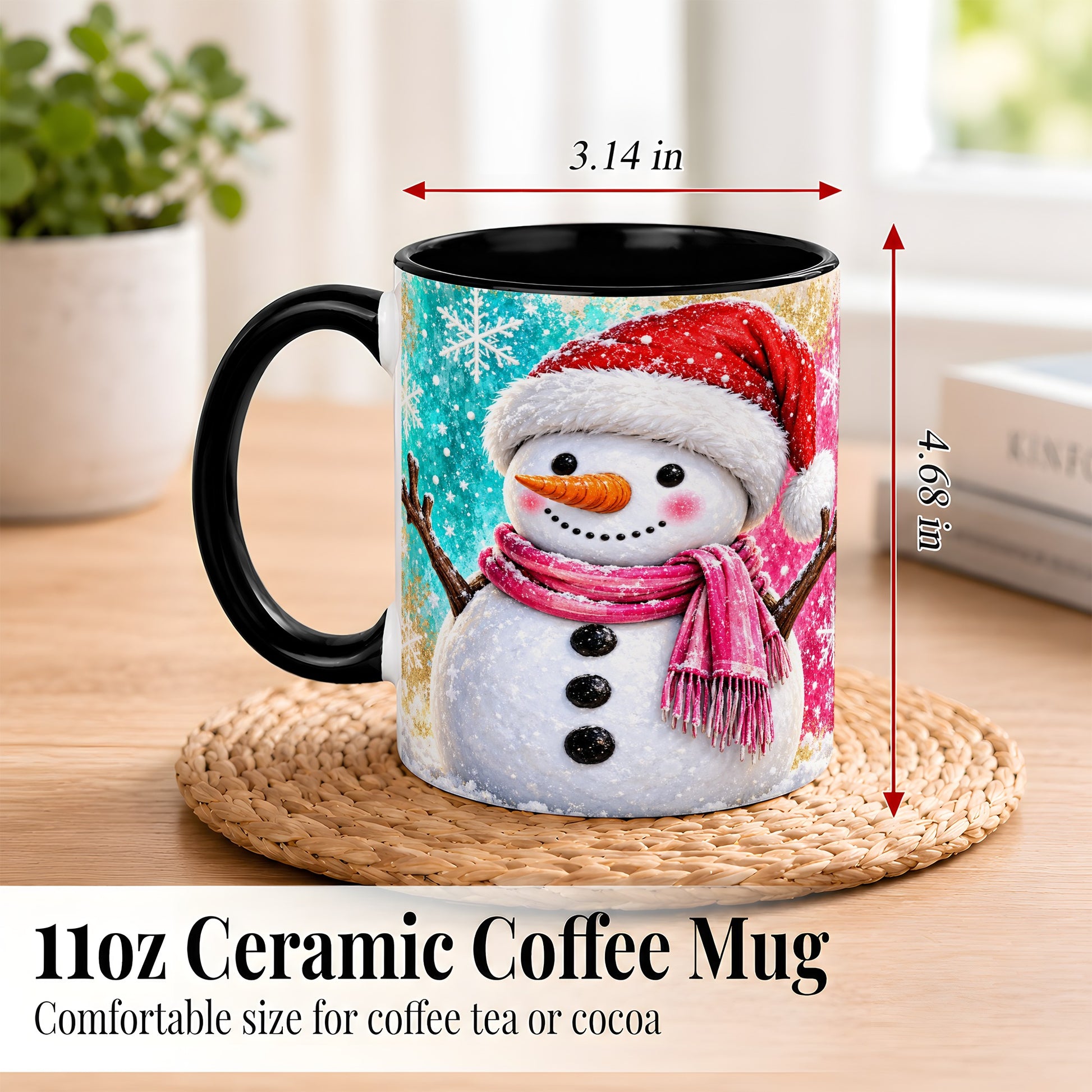 #pl[11oz|Black] Cheerful Snowman Coffee Mug, Christmas Winter Mug, Ceramic Cup