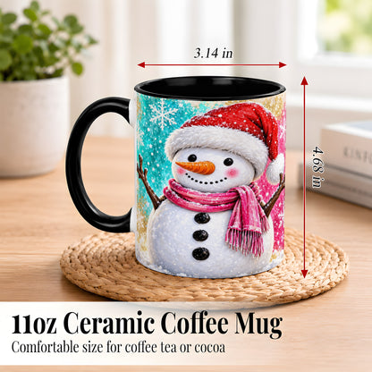 #pl[11oz|Black] Cheerful Snowman Coffee Mug, Christmas Winter Mug, Ceramic Cup