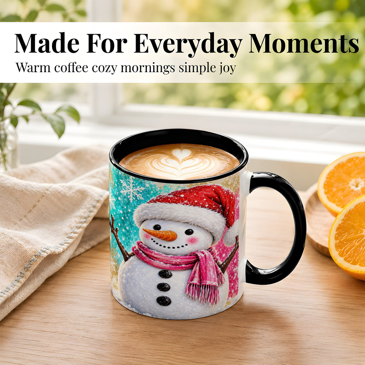 #pl[11oz|Black] Cheerful Snowman Coffee Mug, Christmas Winter Mug, Ceramic Cup