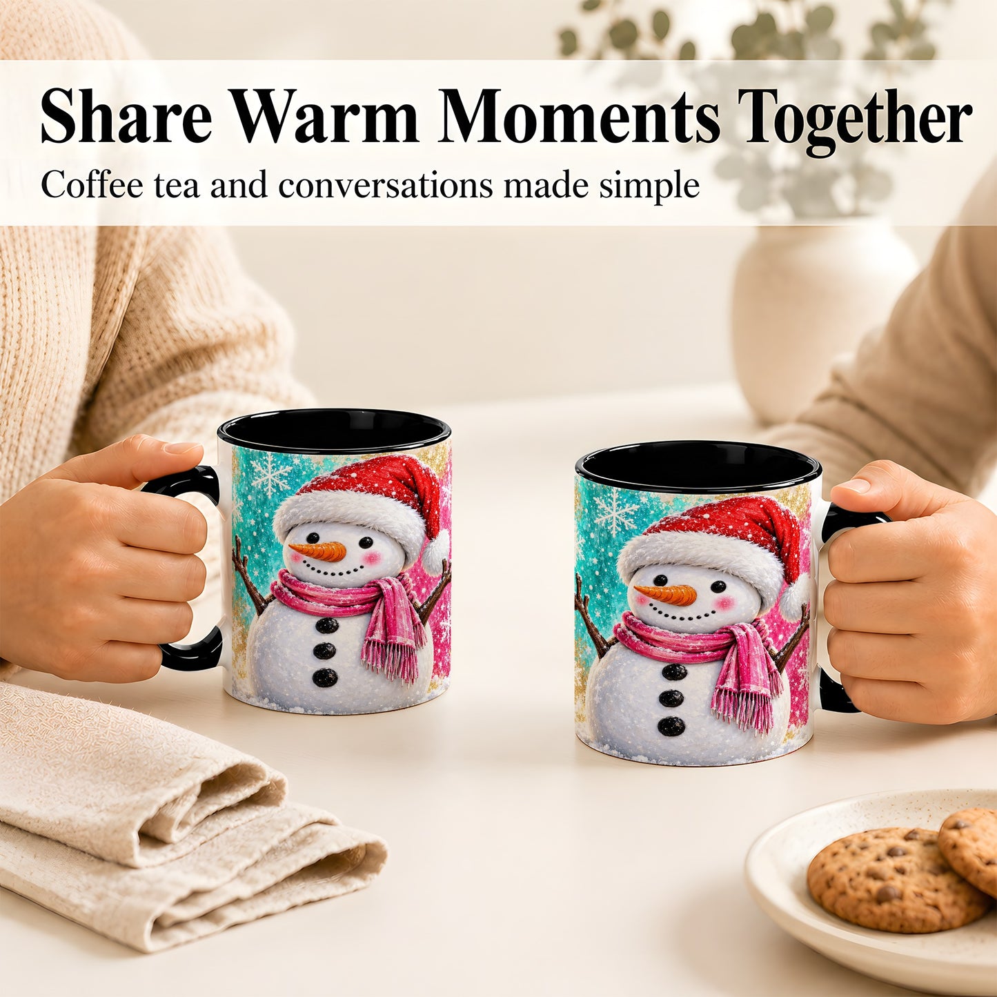 #pl[11oz|Black] Cheerful Snowman Coffee Mug, Christmas Winter Mug, Ceramic Cup