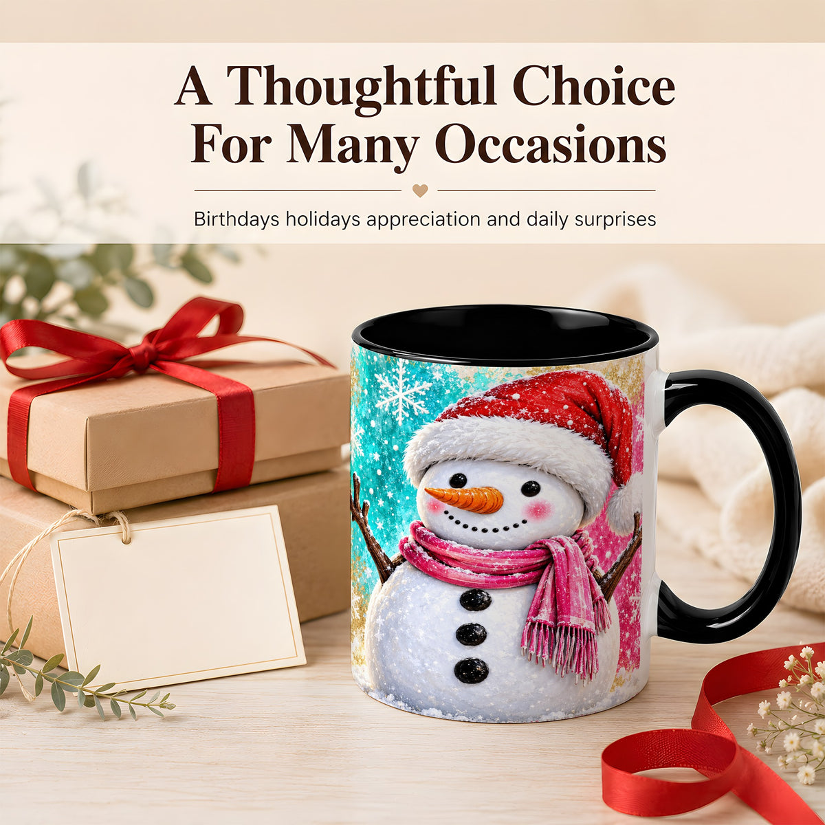 #pl[11oz|Black] Cheerful Snowman Coffee Mug, Christmas Winter Mug, Ceramic Cup