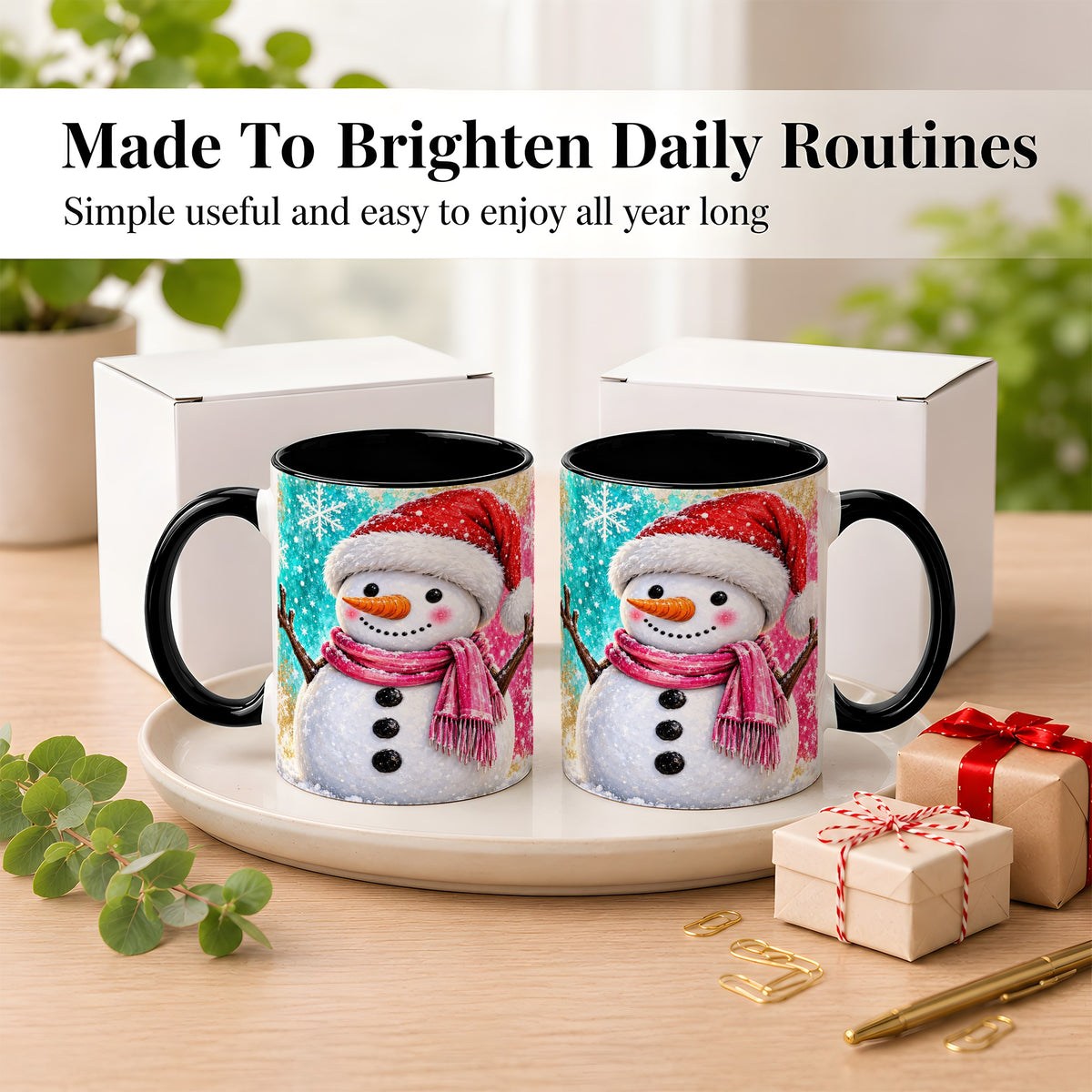 #pl[11oz|Black] Cheerful Snowman Coffee Mug, Christmas Winter Mug, Ceramic Cup