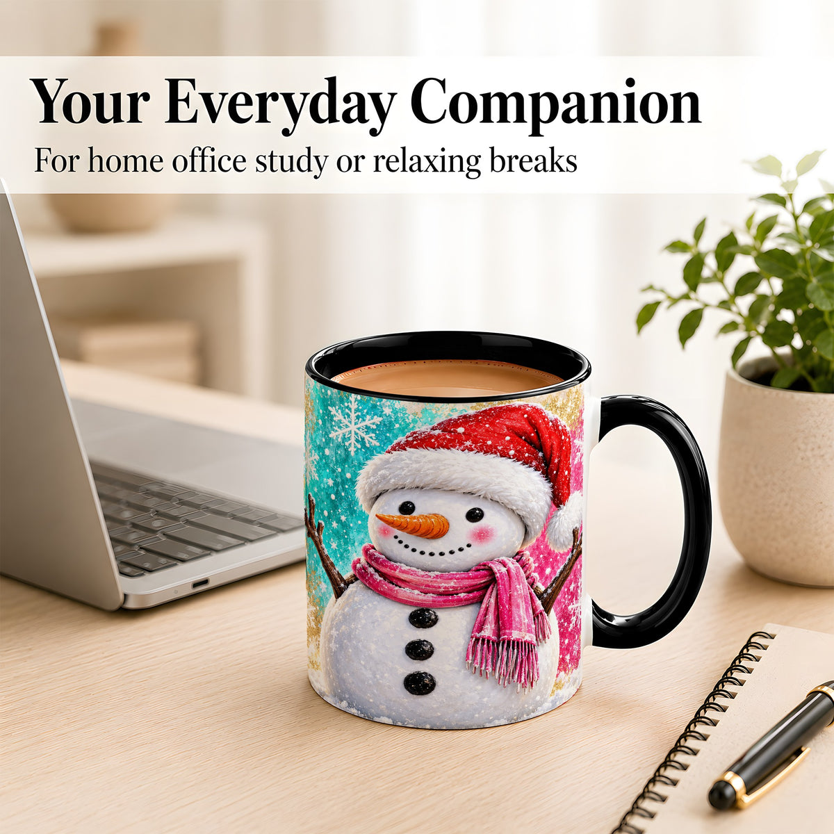 #pl[11oz|Black] Cheerful Snowman Coffee Mug, Christmas Winter Mug, Ceramic Cup