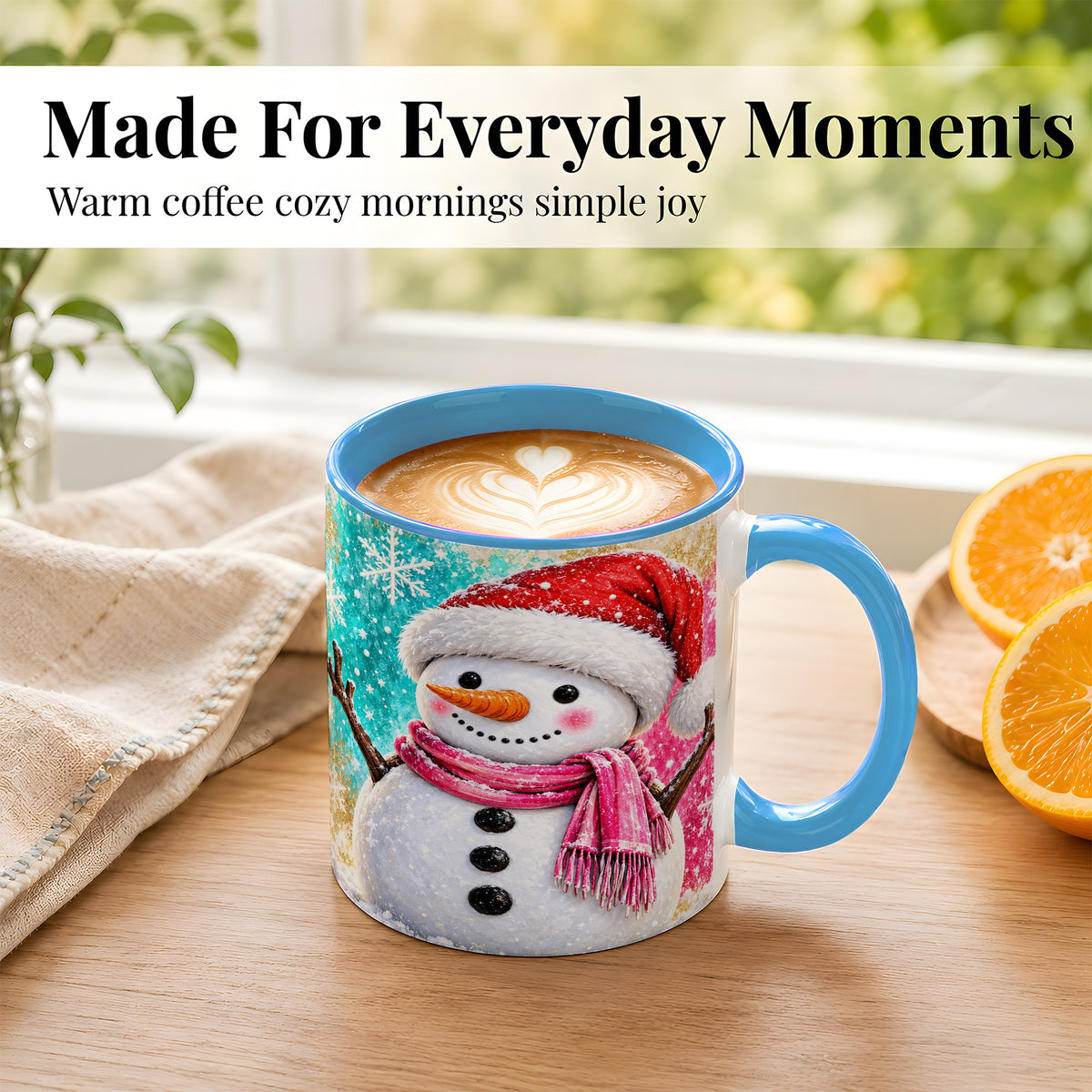 #pl[11oz|Blue] Cheerful Snowman Coffee Mug, Christmas Winter Mug, Ceramic Cup