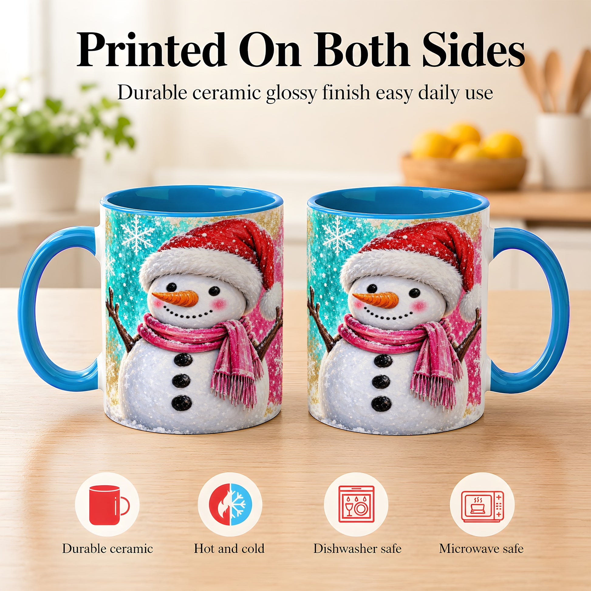 #pl[11oz|Blue] Cheerful Snowman Coffee Mug, Christmas Winter Mug, Ceramic Cup