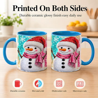 #pl[11oz|Blue] Cheerful Snowman Coffee Mug, Christmas Winter Mug, Ceramic Cup