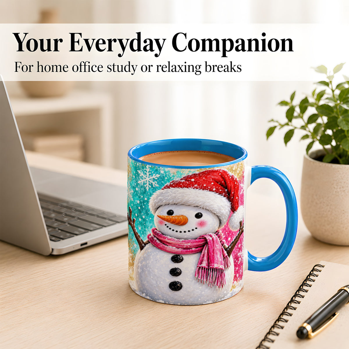 #pl[11oz|Blue] Cheerful Snowman Coffee Mug, Christmas Winter Mug, Ceramic Cup
