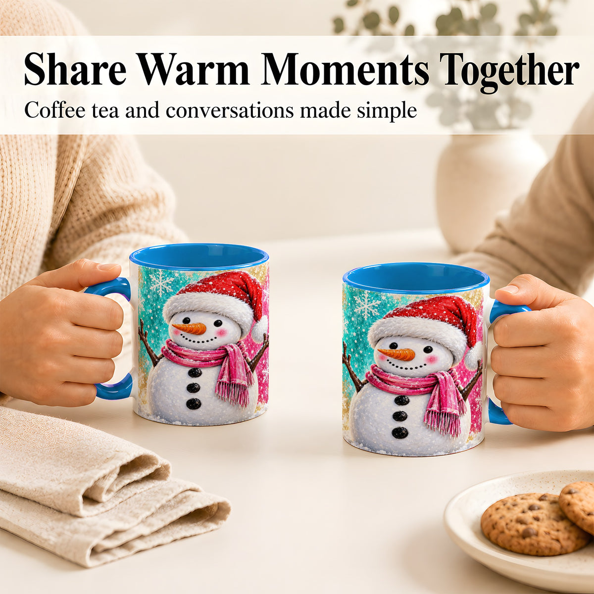 #pl[11oz|Blue] Cheerful Snowman Coffee Mug, Christmas Winter Mug, Ceramic Cup