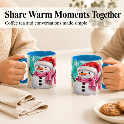 #pl[11oz|Blue] Cheerful Snowman Coffee Mug, Christmas Winter Mug, Ceramic Cup