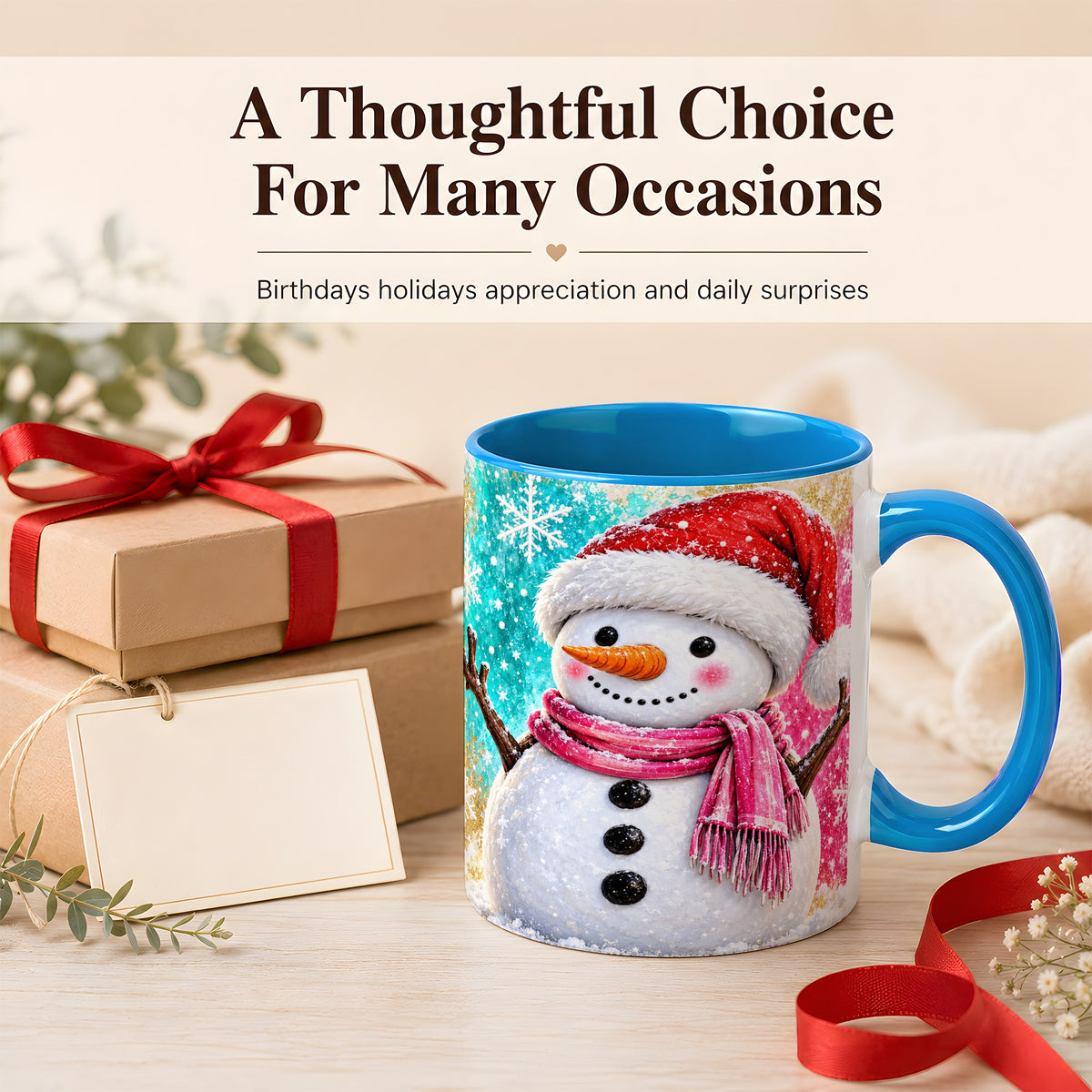 #pl[11oz|Blue] Cheerful Snowman Coffee Mug, Christmas Winter Mug, Ceramic Cup