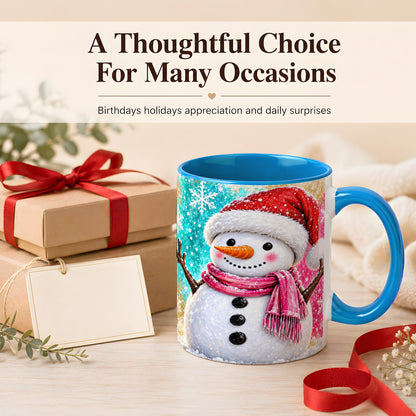 #pl[11oz|Blue] Cheerful Snowman Coffee Mug, Christmas Winter Mug, Ceramic Cup