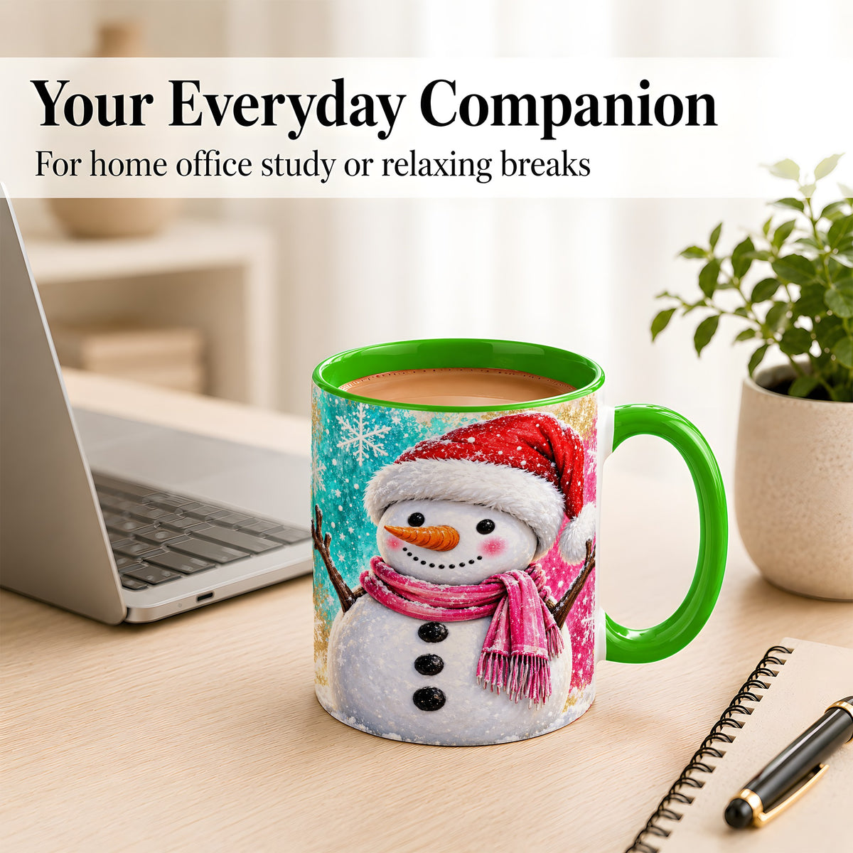 #pl[11oz|Green] Cheerful Snowman Coffee Mug, Christmas Winter Mug, Ceramic Cup