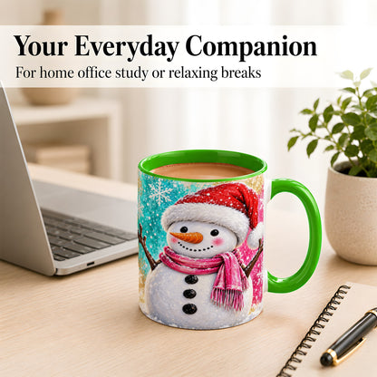 #pl[11oz|Green] Cheerful Snowman Coffee Mug, Christmas Winter Mug, Ceramic Cup