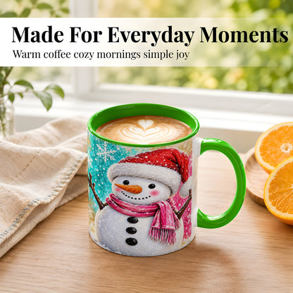 #pl[11oz|Green] Cheerful Snowman Coffee Mug, Christmas Winter Mug, Ceramic Cup