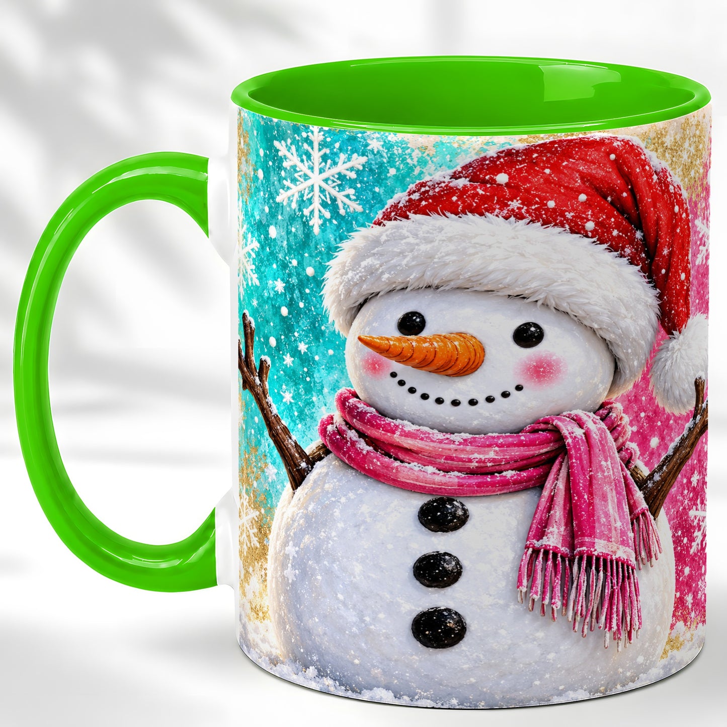 #pl[11oz|Green] Cheerful Snowman Coffee Mug, Christmas Winter Mug, Ceramic Cup