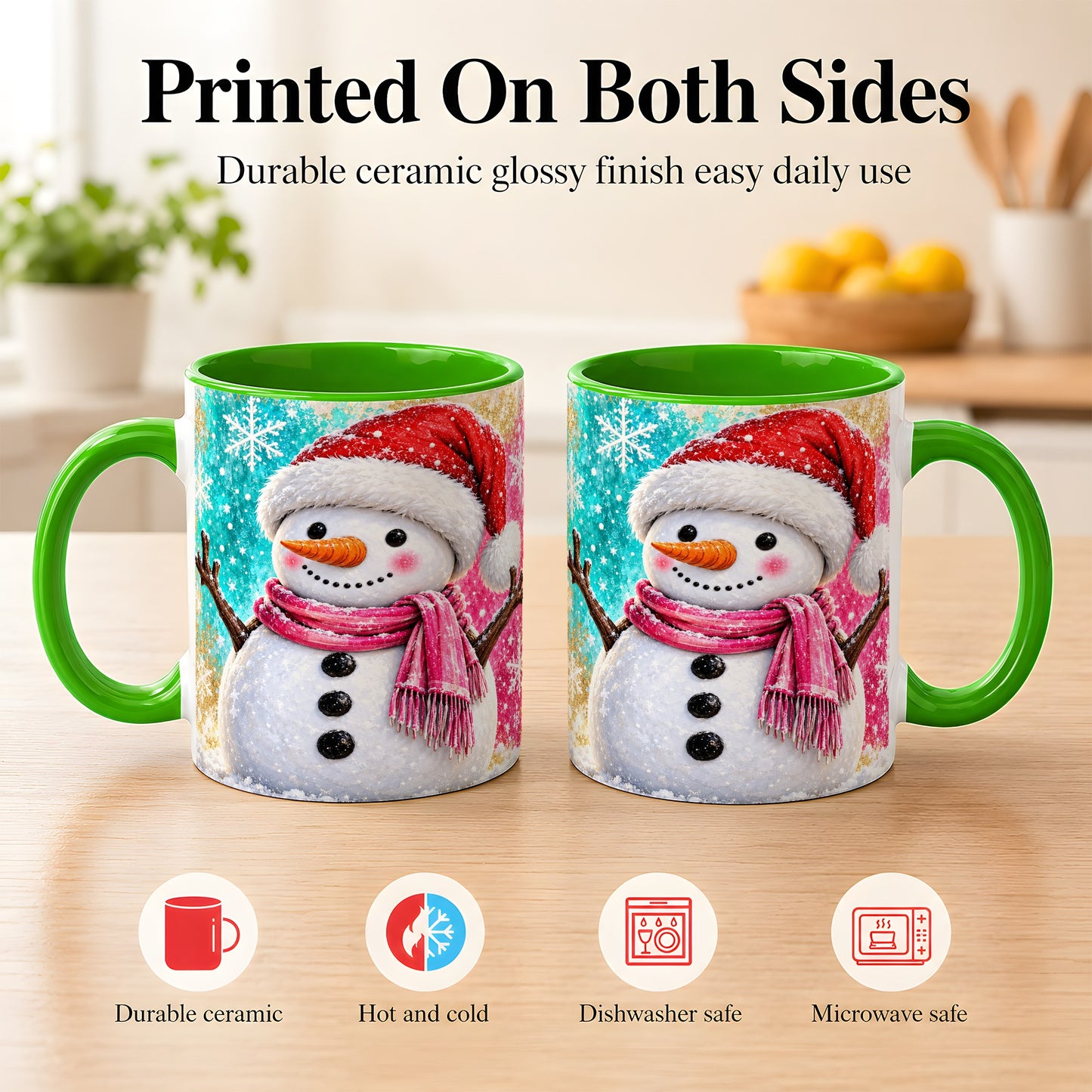 #pl[11oz|Green] Cheerful Snowman Coffee Mug, Christmas Winter Mug, Ceramic Cup