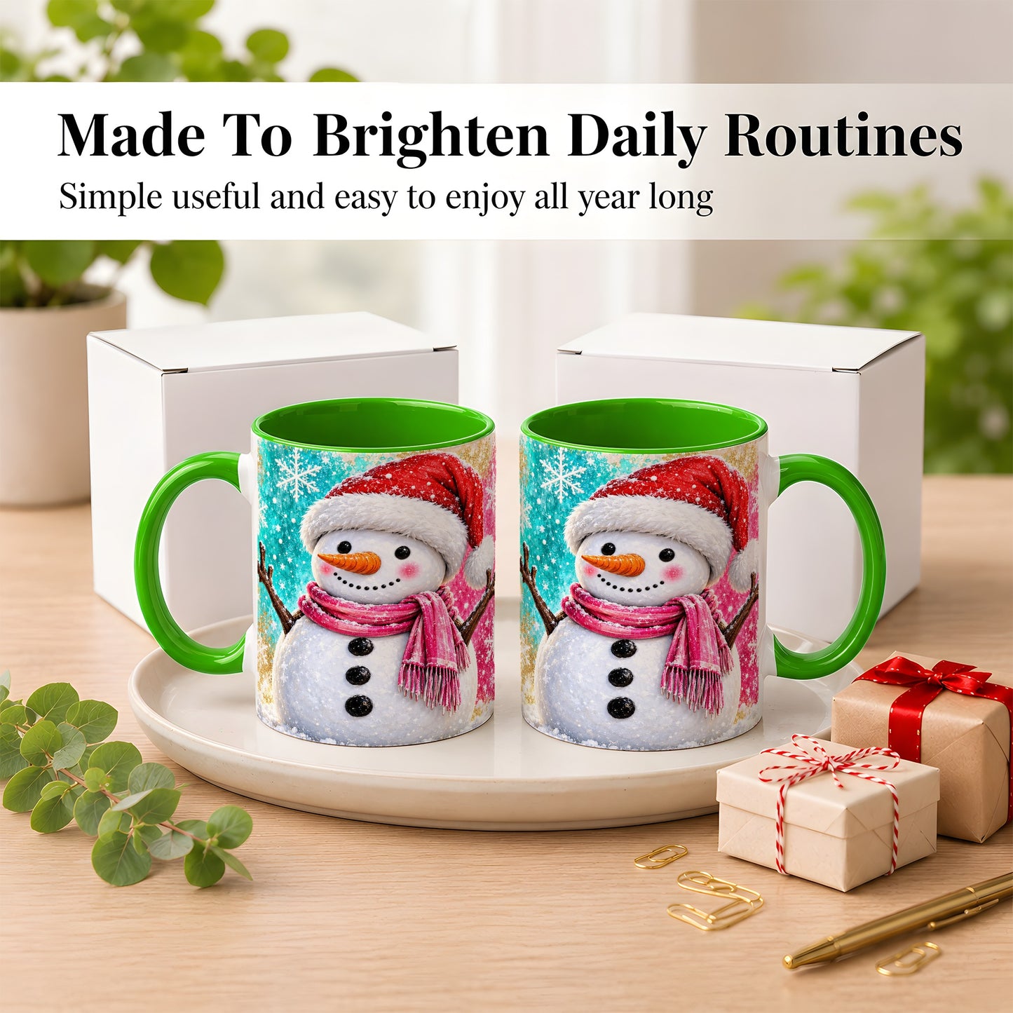 #pl[11oz|Green] Cheerful Snowman Coffee Mug, Christmas Winter Mug, Ceramic Cup