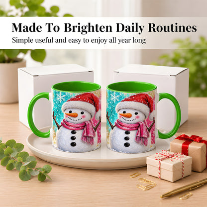 #pl[11oz|Green] Cheerful Snowman Coffee Mug, Christmas Winter Mug, Ceramic Cup