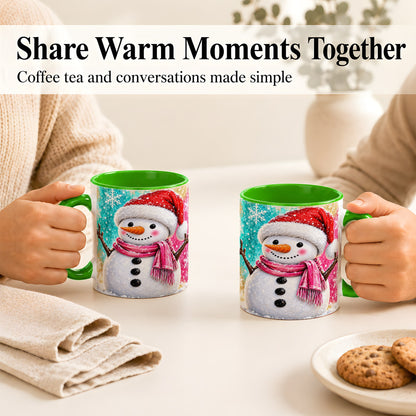 #pl[11oz|Green] Cheerful Snowman Coffee Mug, Christmas Winter Mug, Ceramic Cup