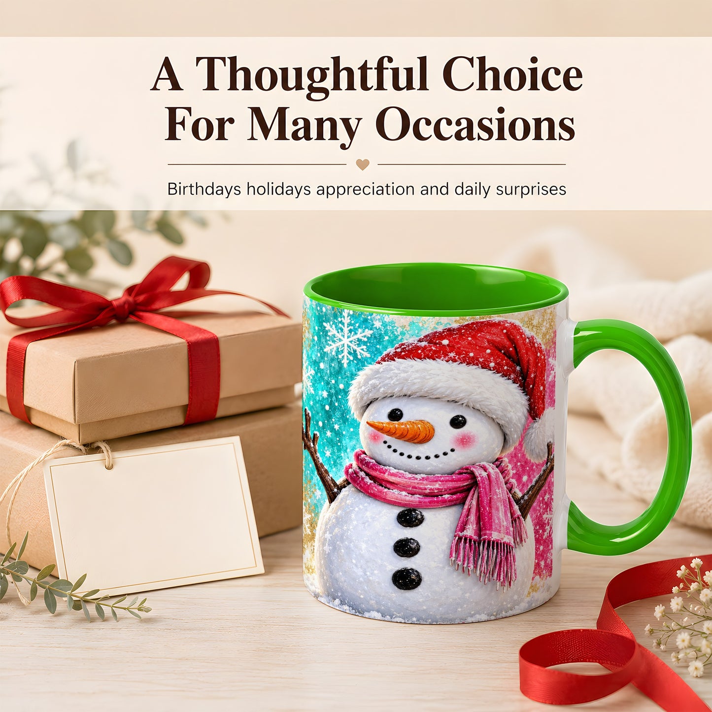 #pl[11oz|Green] Cheerful Snowman Coffee Mug, Christmas Winter Mug, Ceramic Cup
