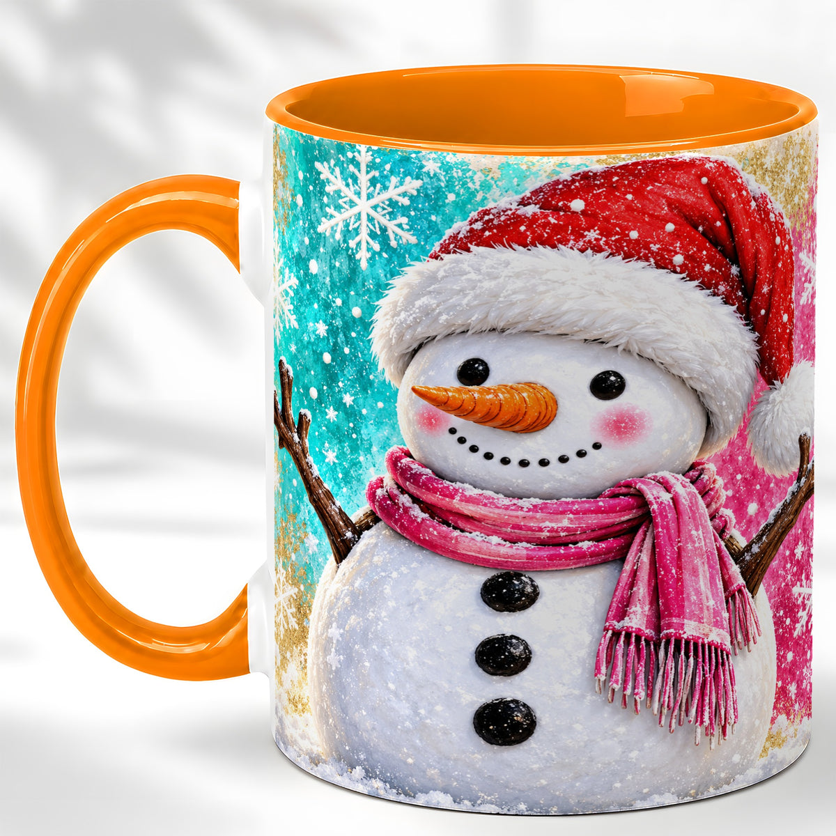 #pl[11oz|Orange] Cheerful Snowman Coffee Mug, Christmas Winter Mug, Ceramic Cup