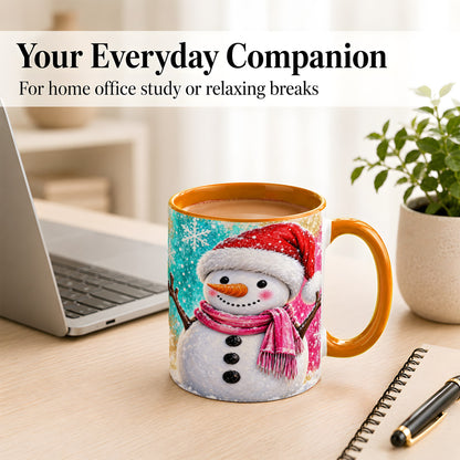 #pl[11oz|Orange] Cheerful Snowman Coffee Mug, Christmas Winter Mug, Ceramic Cup