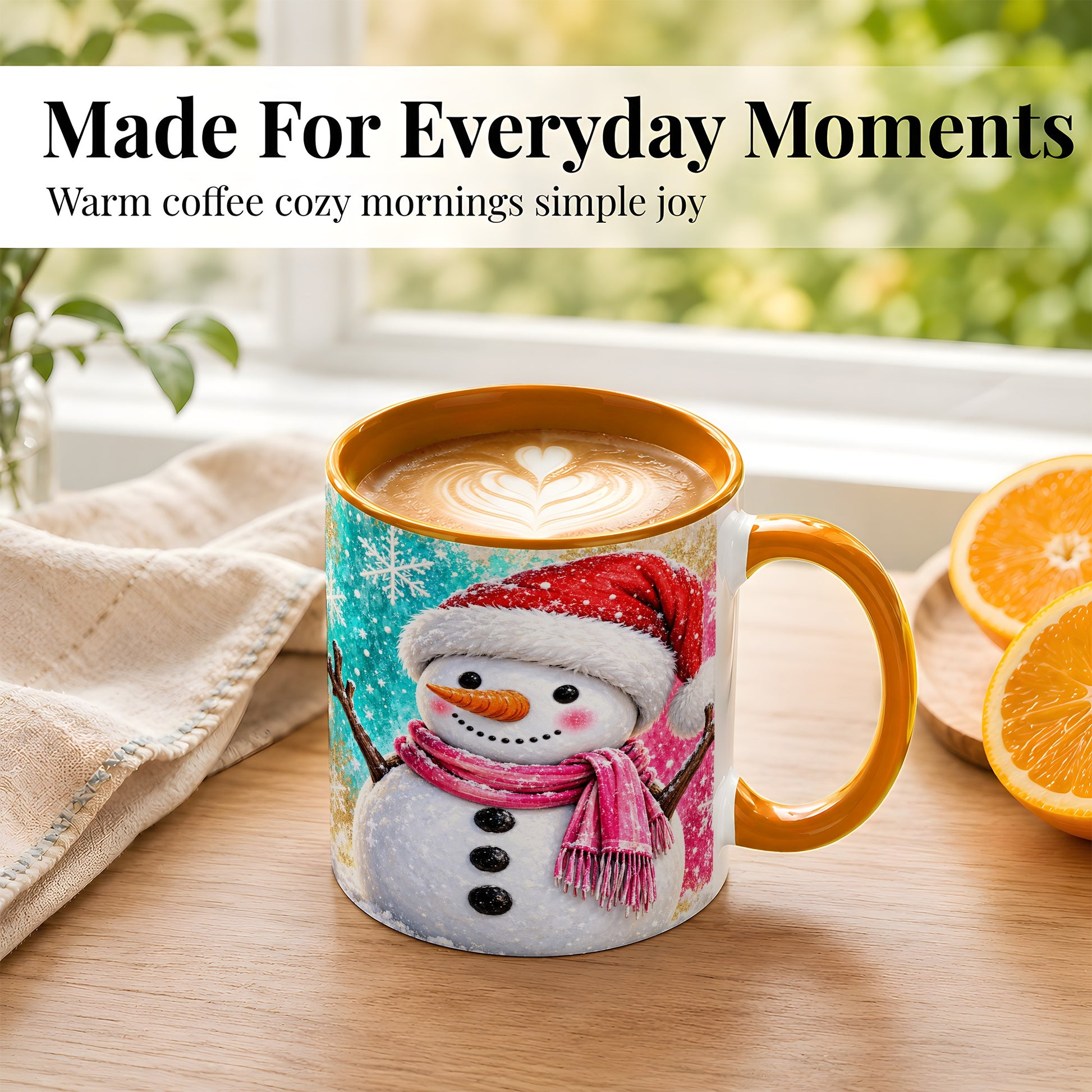 #pl[11oz|Orange] Cheerful Snowman Coffee Mug, Christmas Winter Mug, Ceramic Cup