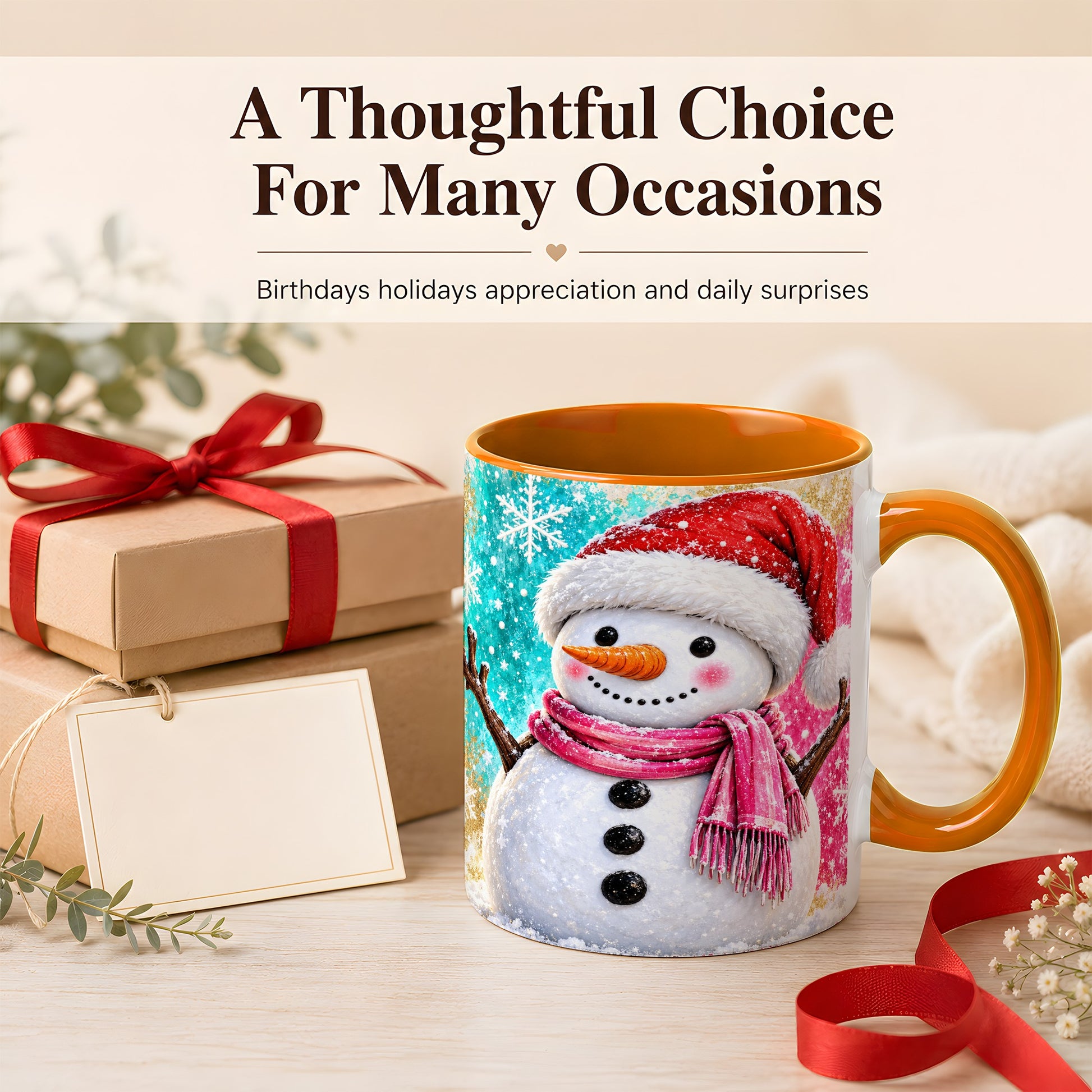 #pl[11oz|Orange] Cheerful Snowman Coffee Mug, Christmas Winter Mug, Ceramic Cup