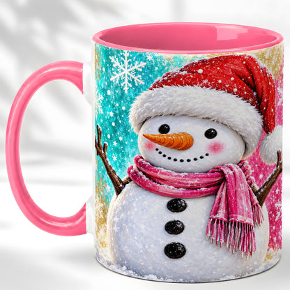 #pl[11oz|Pink] Cheerful Snowman Coffee Mug, Christmas Winter Mug, Ceramic Cup