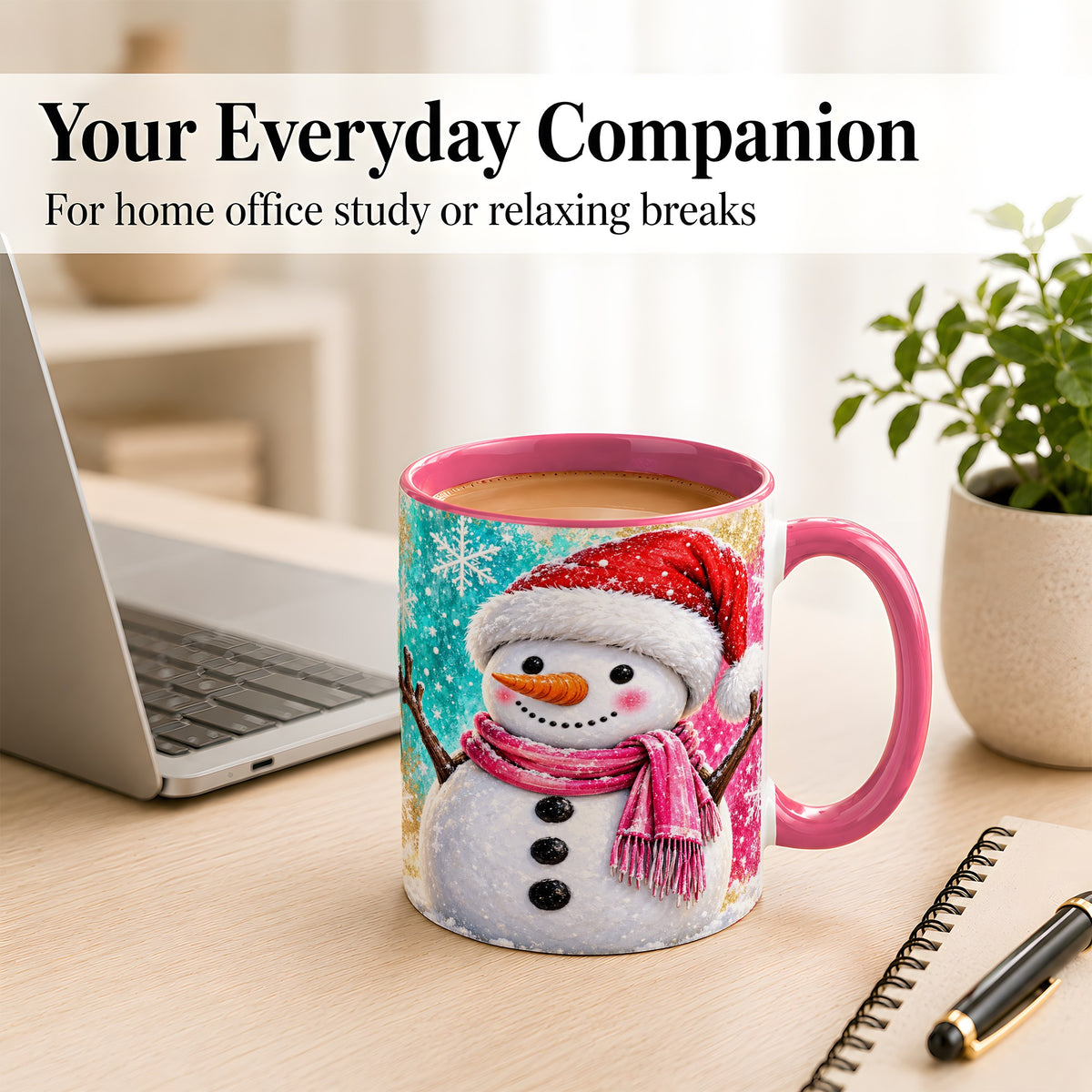 #pl[11oz|Pink] Cheerful Snowman Coffee Mug, Christmas Winter Mug, Ceramic Cup