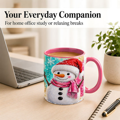 #pl[11oz|Pink] Cheerful Snowman Coffee Mug, Christmas Winter Mug, Ceramic Cup