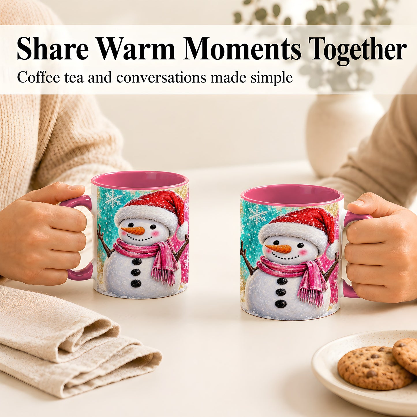 #pl[11oz|Pink] Cheerful Snowman Coffee Mug, Christmas Winter Mug, Ceramic Cup