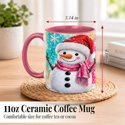 #pl[11oz|Pink] Cheerful Snowman Coffee Mug, Christmas Winter Mug, Ceramic Cup