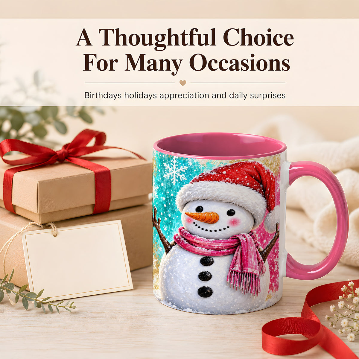 #pl[11oz|Pink] Cheerful Snowman Coffee Mug, Christmas Winter Mug, Ceramic Cup
