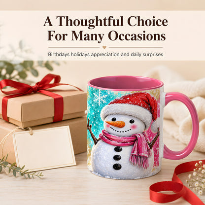 #pl[11oz|Pink] Cheerful Snowman Coffee Mug, Christmas Winter Mug, Ceramic Cup