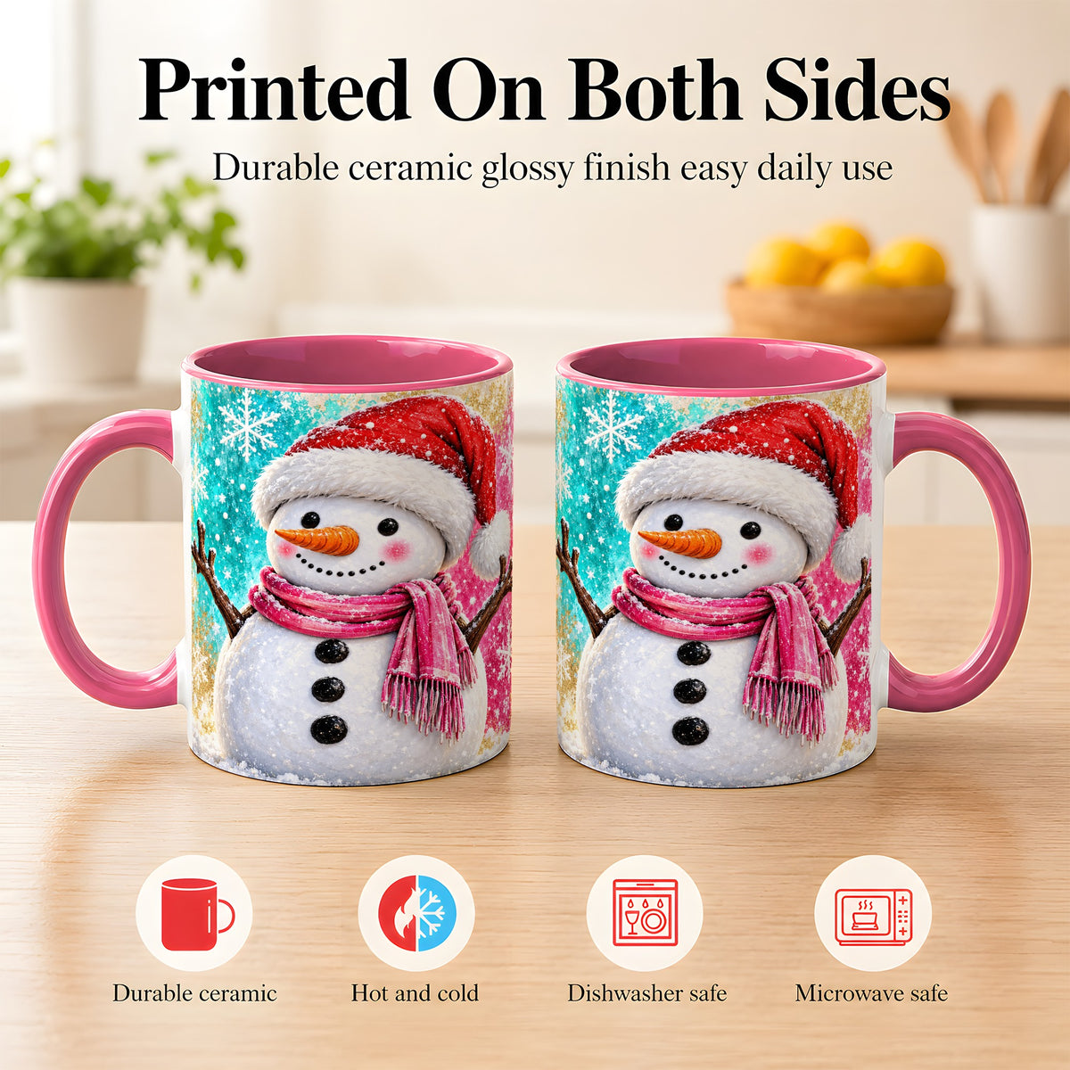 #pl[11oz|Pink] Cheerful Snowman Coffee Mug, Christmas Winter Mug, Ceramic Cup