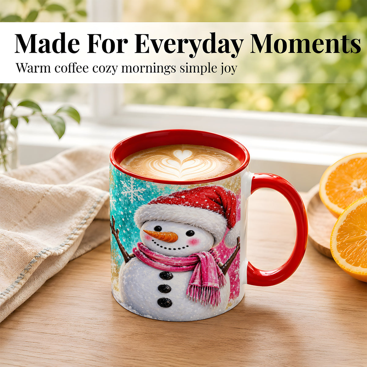 #pl[11oz|Red] Cheerful Snowman Coffee Mug, Christmas Winter Mug, Ceramic Cup
